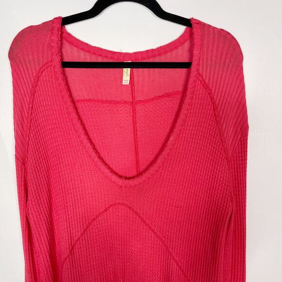 Free People Small S Red Pink Sunset Park Drippy Thermal Waffle Knit Tunic Top - Picture 3 of 14